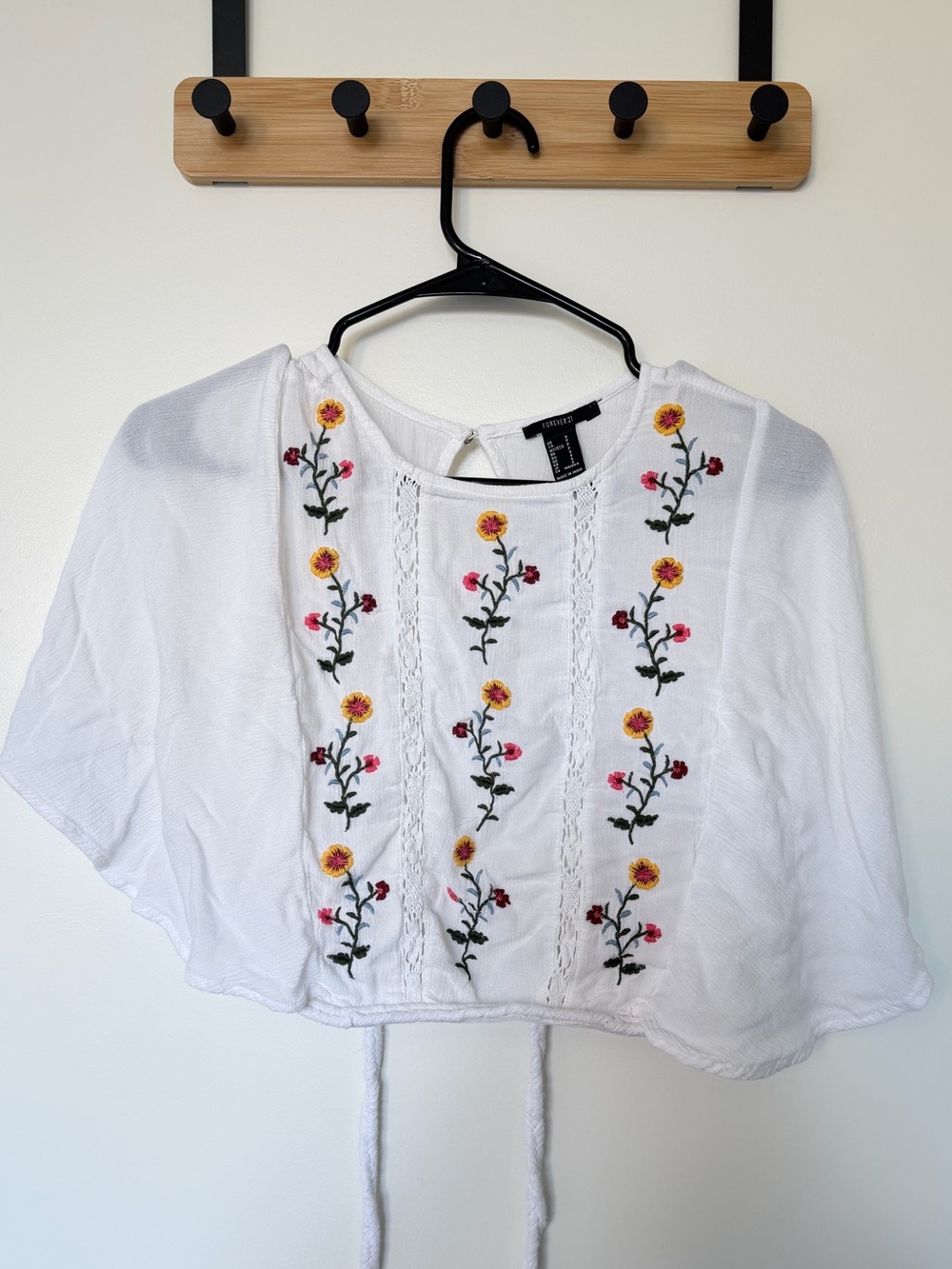 Forever 21 White Cropped Top with Floral Embroidery